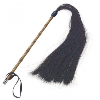 Fleck Fliegenwedel mit echtem Roßhaar, Holz lackiert 40 cm, Lederknopf, Leder-Handlasche